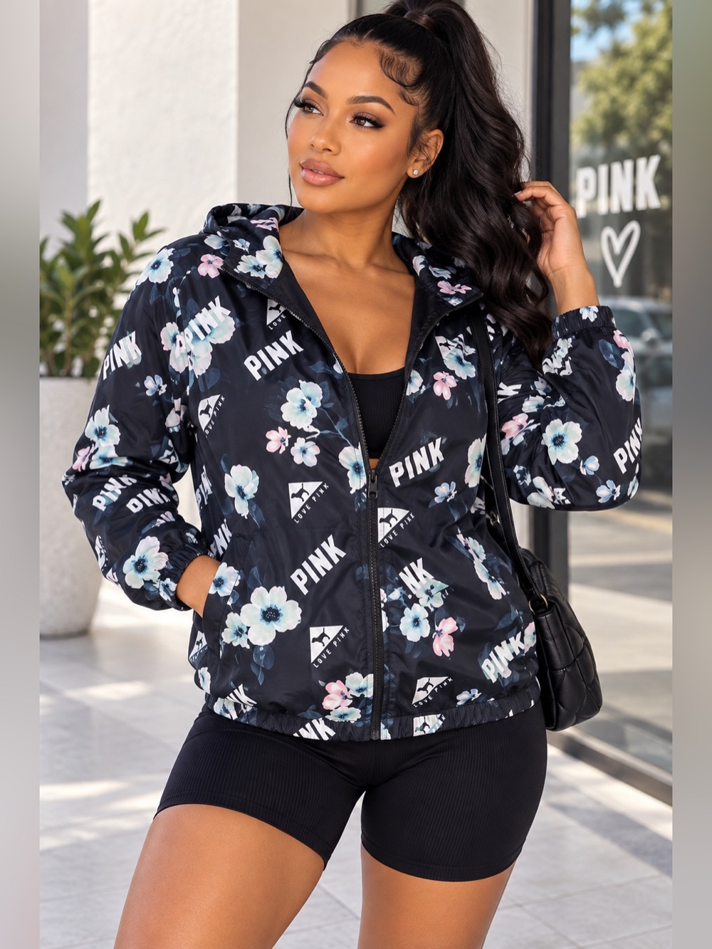 PINK Victoria’s Secret Floral Logo Hooded Windbreaker Jacket XS/S